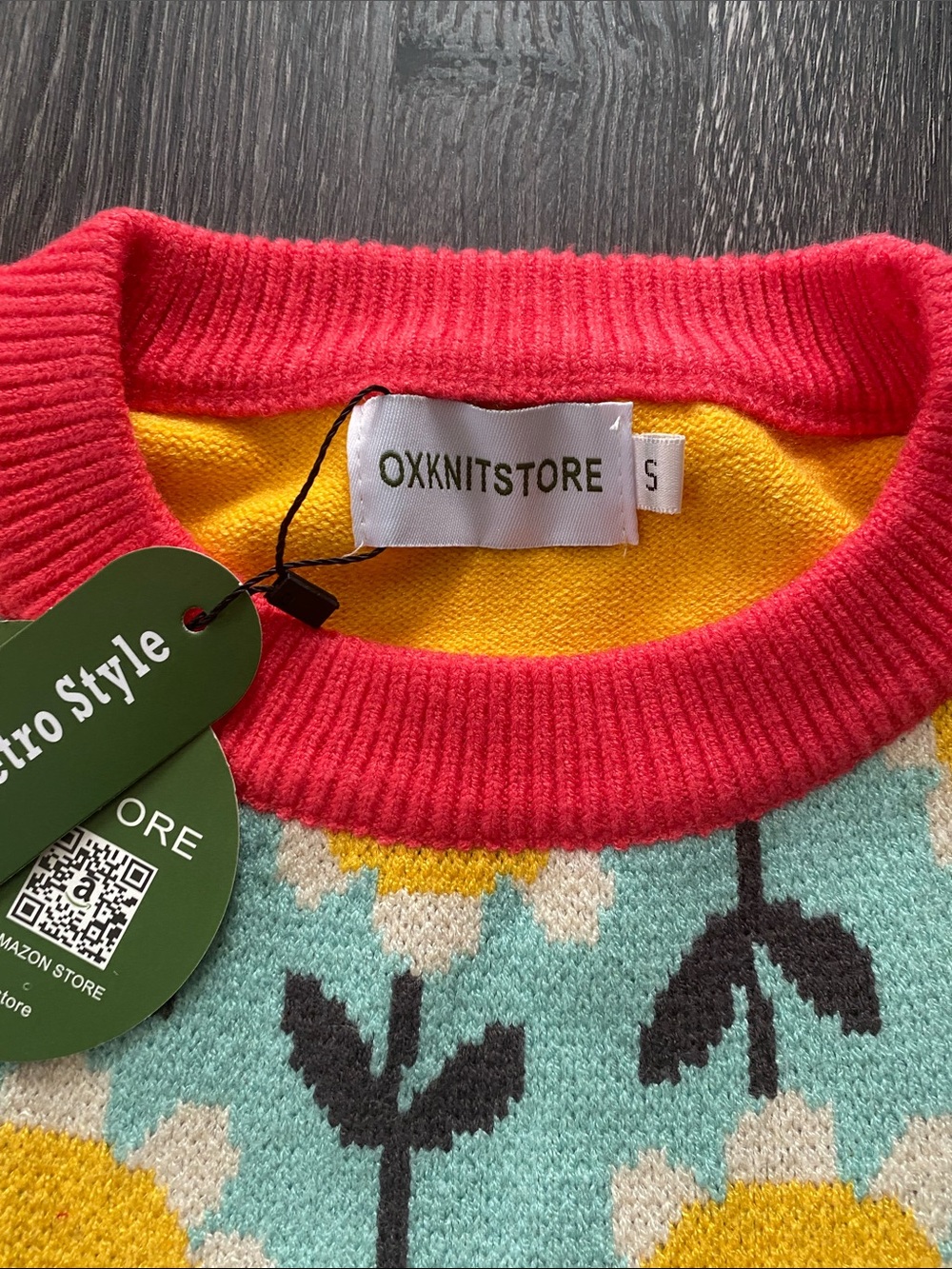 Oxknit Women's Floral Crewneck Sweater in Yellow & Teal - Picture 6 of 9